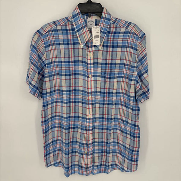 BROOKS BROTHERS REGENT FIT 100% LINEN PLAID SHORT SLEEVE SHIRT