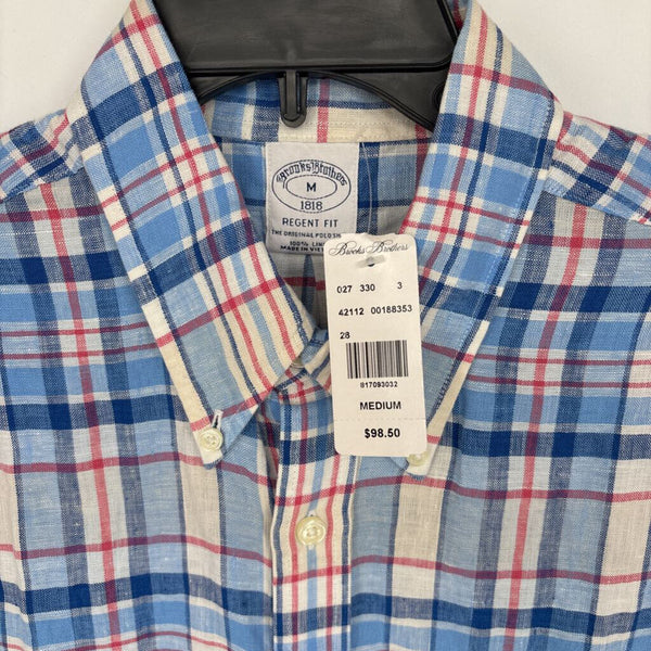 BROOKS BROTHERS REGENT FIT 100% LINEN PLAID SHORT SLEEVE SHIRT