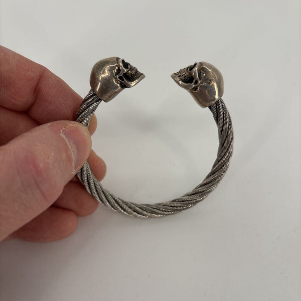 KING BABY .925 STERLING SILVER SKULL CABLE CUFF BRACELET 7.25"