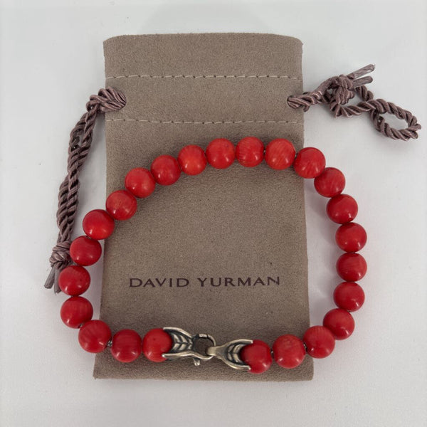 DAVID YURMAN STERLING SILVER 8MM SPIRITUAL BEADED RED CORAL CLAW BRACELET