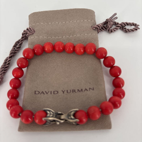 DAVID YURMAN STERLING SILVER 8MM SPIRITUAL BEADED RED CORAL CLAW BRACELET