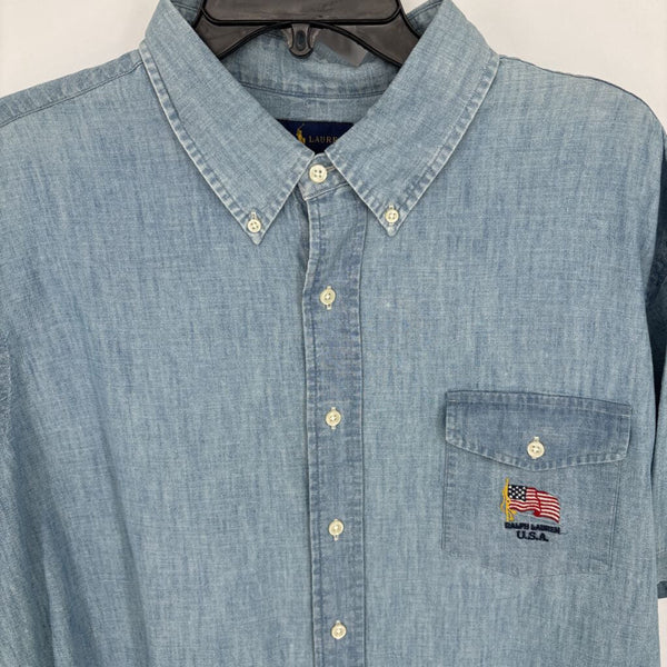 RALPH LAUREN U.S.A. EMBROIDERED CHAMBRAY SHORT SLEEVE SHIRT
