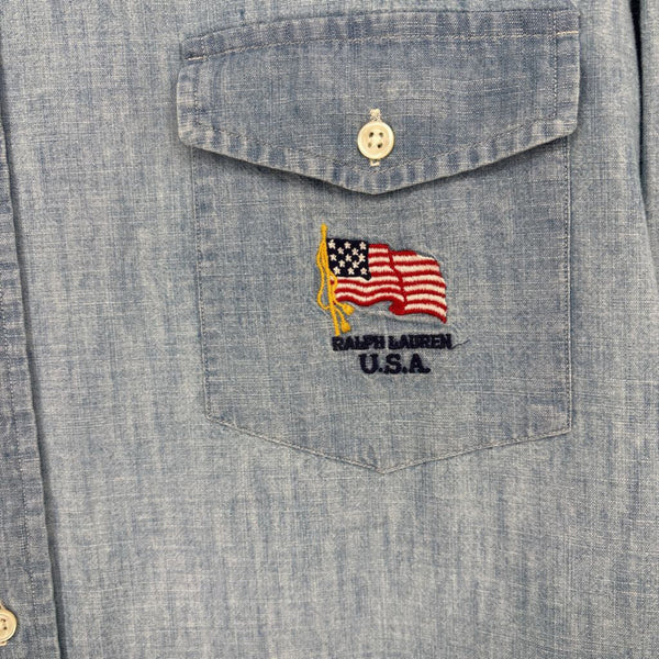 RALPH LAUREN U.S.A. EMBROIDERED CHAMBRAY SHORT SLEEVE SHIRT