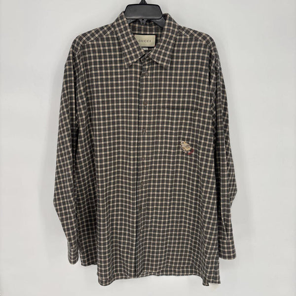 GUCCI PLAID FLANNEL EMBROIDERED BIRD BUTTON DOWN SHIRT
