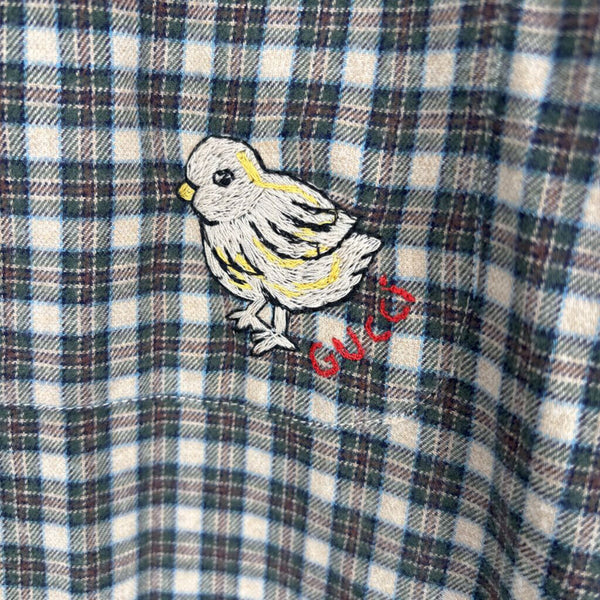 GUCCI PLAID FLANNEL EMBROIDERED BIRD BUTTON DOWN SHIRT