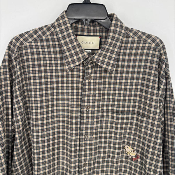 GUCCI PLAID FLANNEL EMBROIDERED BIRD BUTTON DOWN SHIRT